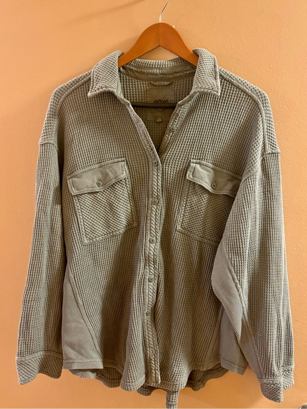 Aerie Waffle-Knit Button-Up Shacket in Light Olive